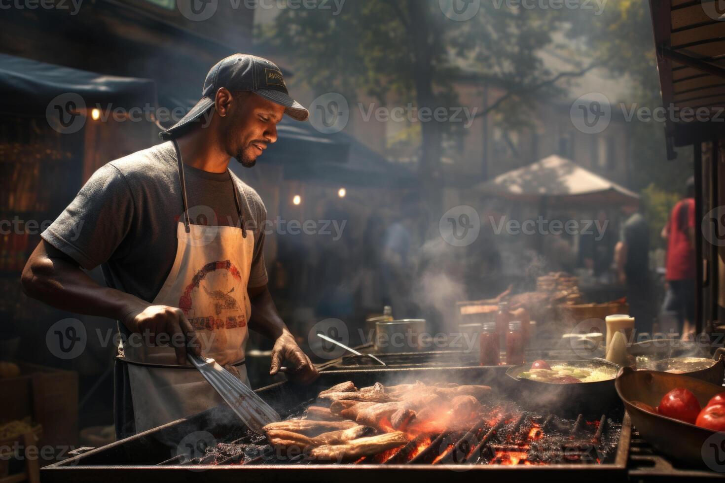 ai generado un afroamericano hombre cocineros carne en el calle en el ciudad en un parrilla. el concepto de calle comida foto