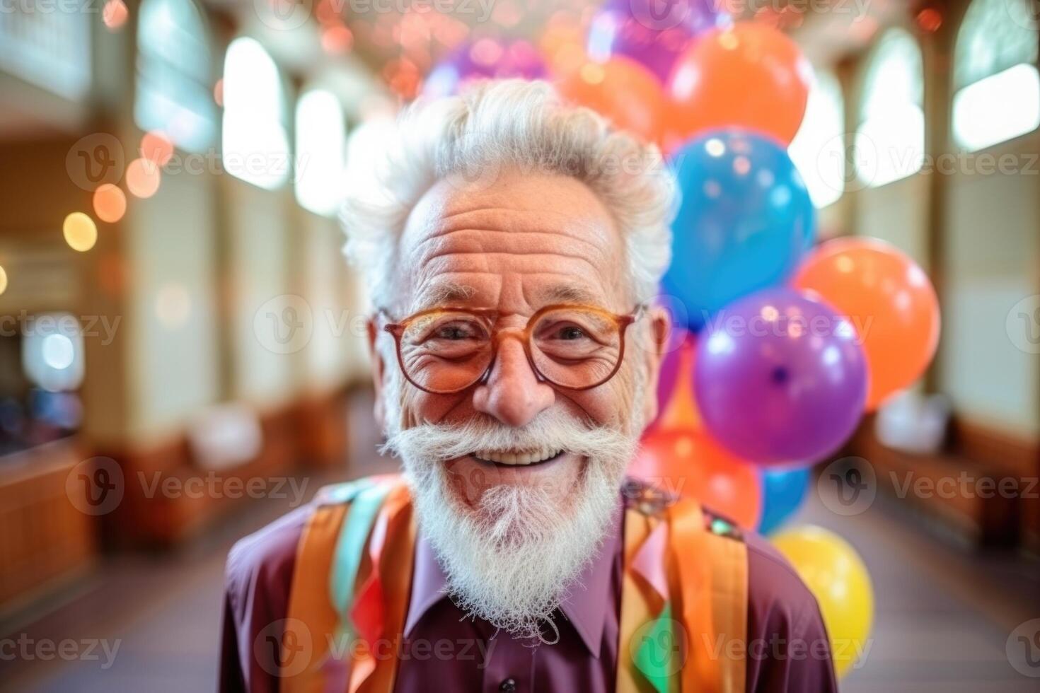 ai generado retrato de un alegre contento mayor hombre con lentes adentro foto