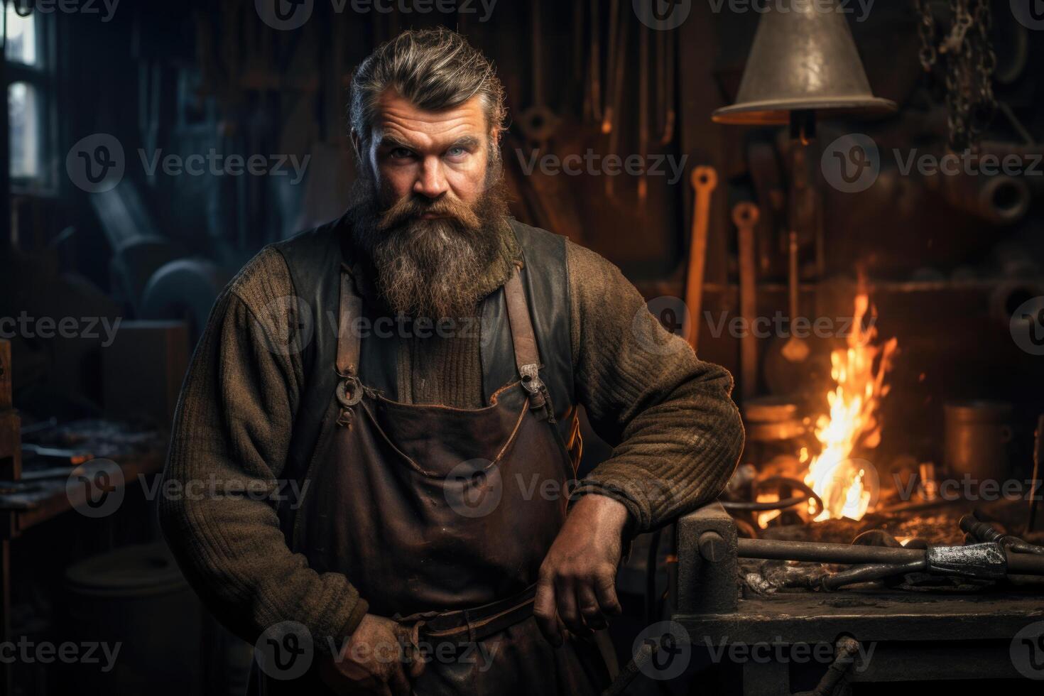 AI generated Portrait of a brutal man-a professional blacksmith in his own forge photo