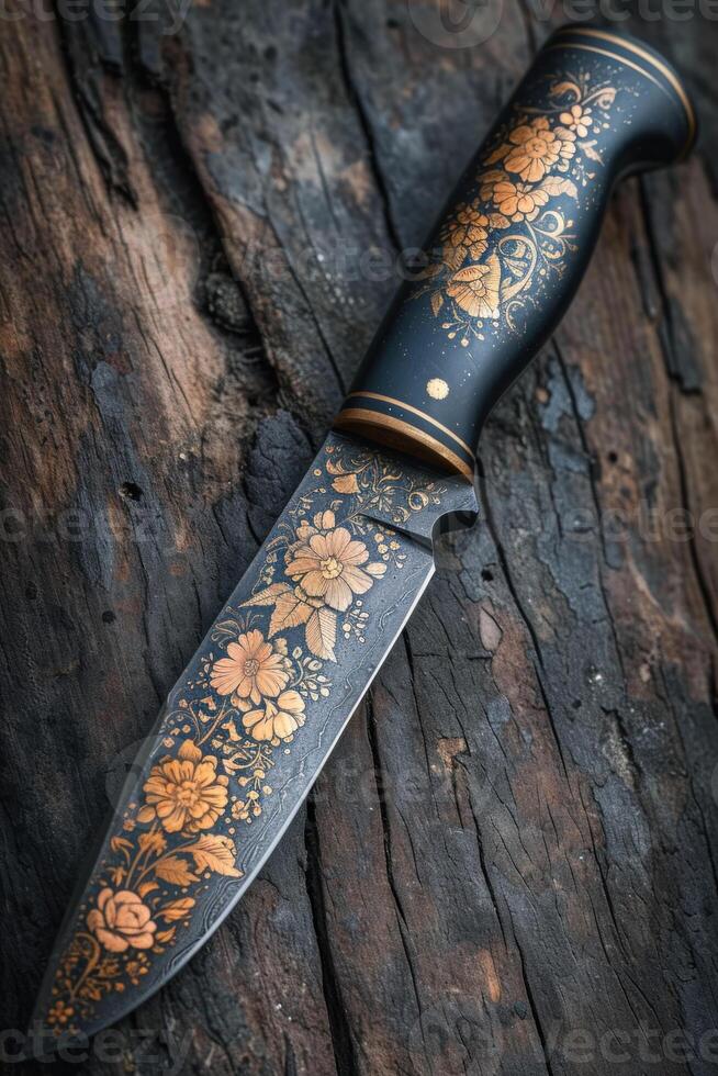 AI generated One Stylish Damascus steel kitchen knife on a wooden board photo