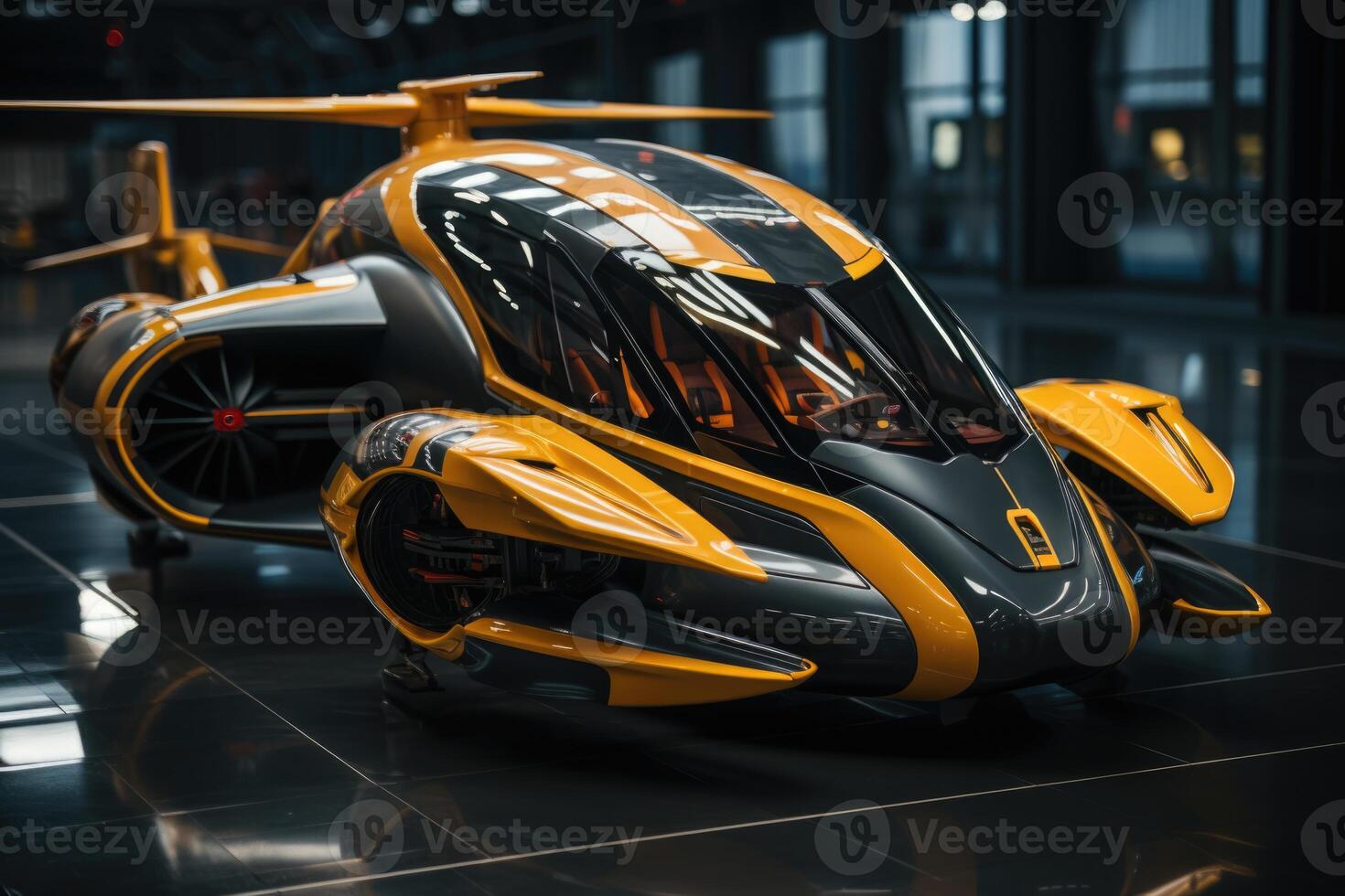 AI generated An autonomous, driverless aircraft stands on the pad. The future photo