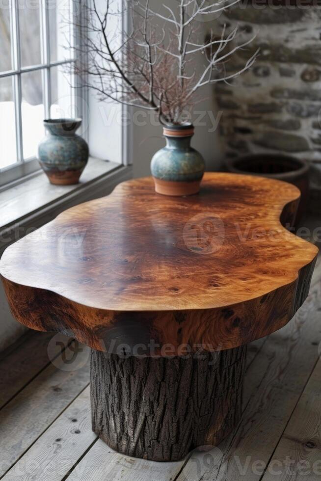 AI generated A designer wooden table in the interior of the room. Modern design photo