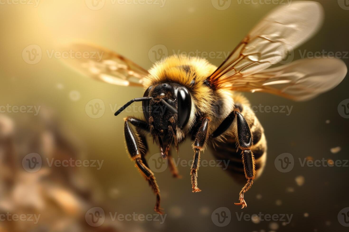 AI generated A bumblebee flying in the afternoon on a colorful blurred background. Macro photography photo