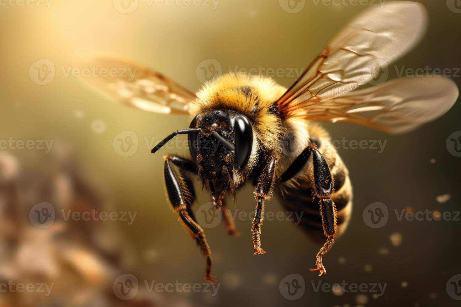 ai generado un abejorro volador en el tarde en un vistoso borroso antecedentes. macro fotografía foto