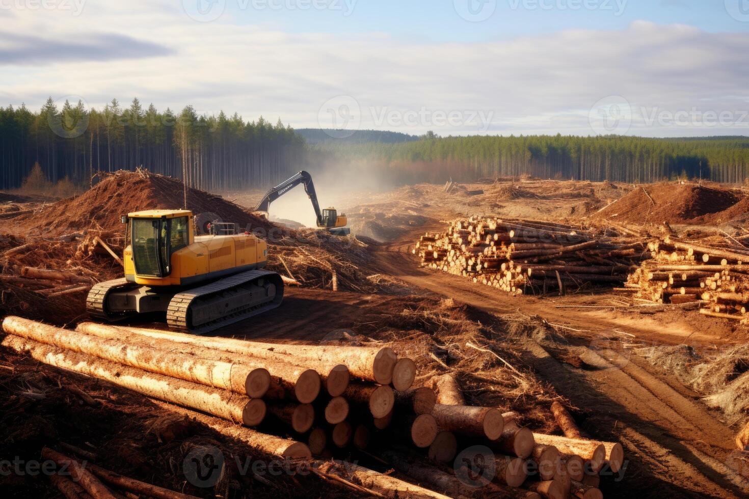 ai generado recién cortar registros son apilado en el bosque. cosecha de madera en el carpintería industria foto