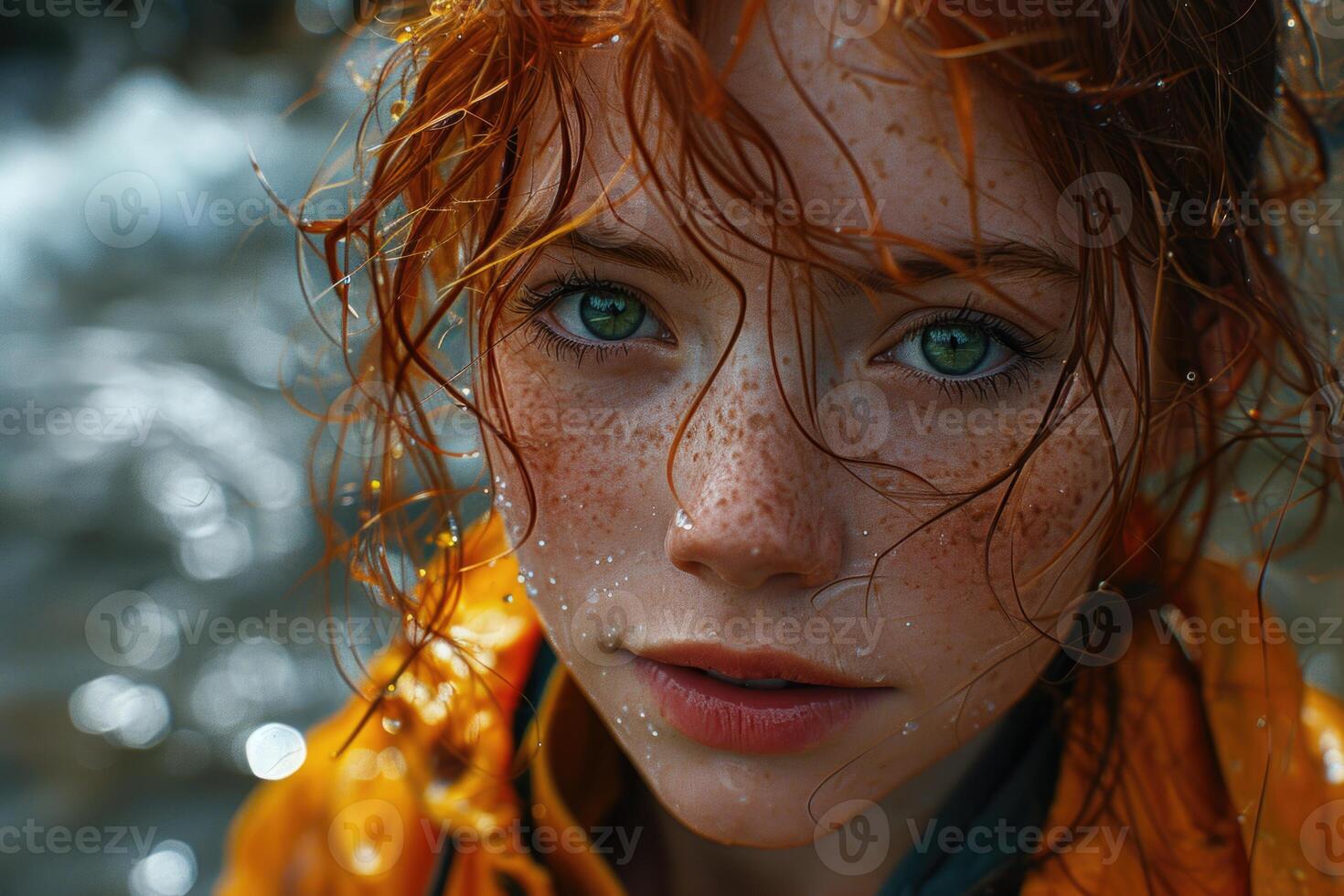 AI generated Portrait of a young red-haired woman against the background of a rainy street. Long curly red hair photo