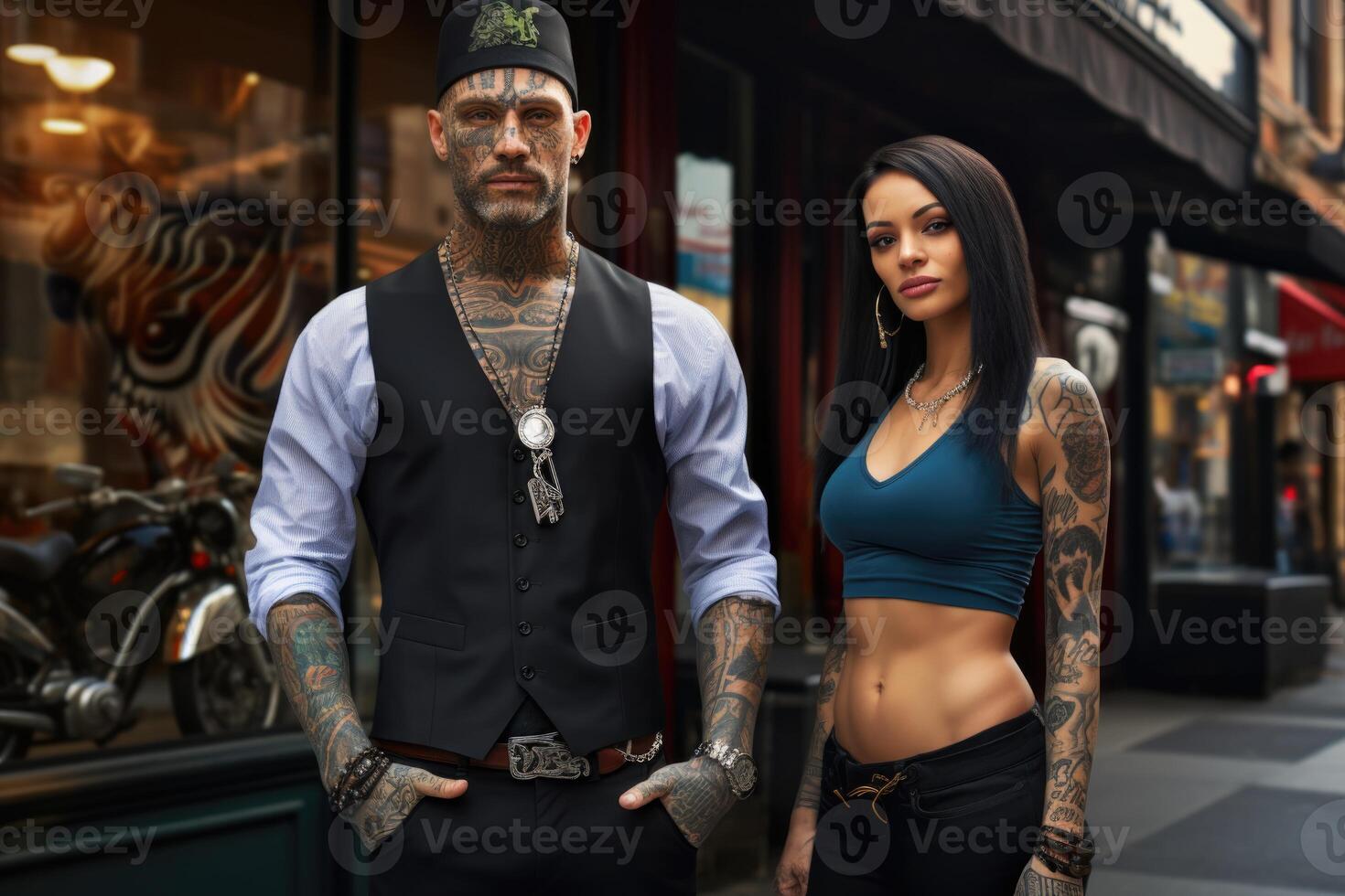AI generated Tattooed man and woman on a city street in the afternoon photo