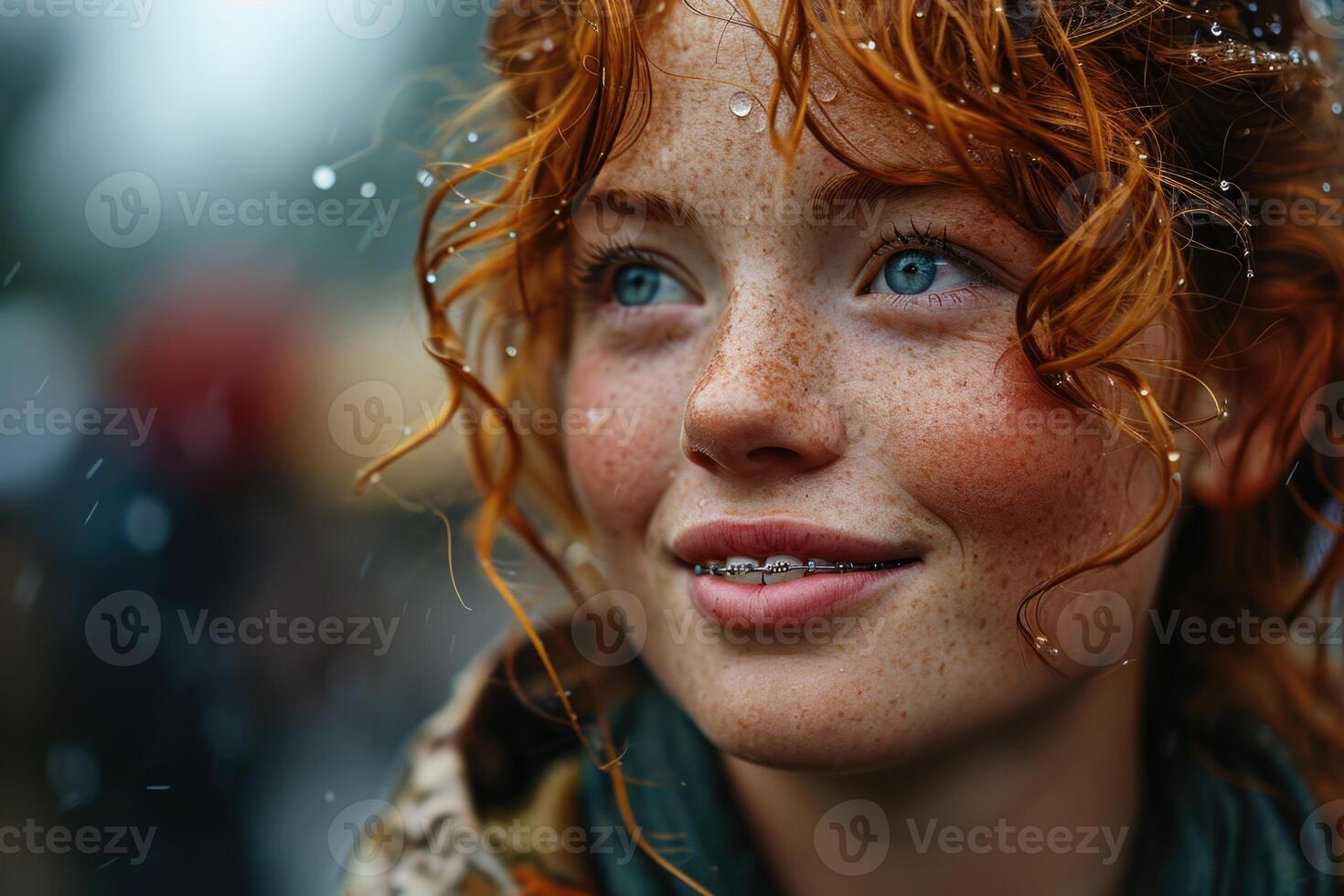 AI generated Portrait of a young red-haired woman against the background of a rainy street. Long curly red hair photo