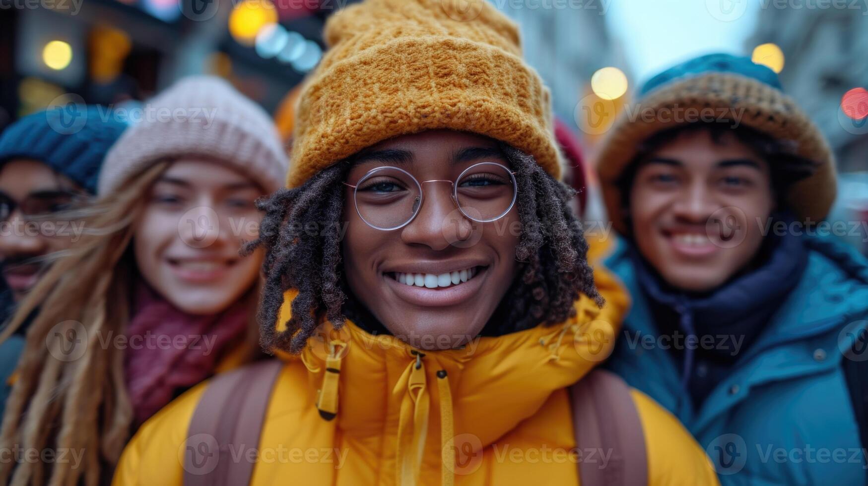 ai generado un reutilizable joven grupo de contento personas toma un selfie foto en un cámara fuera de