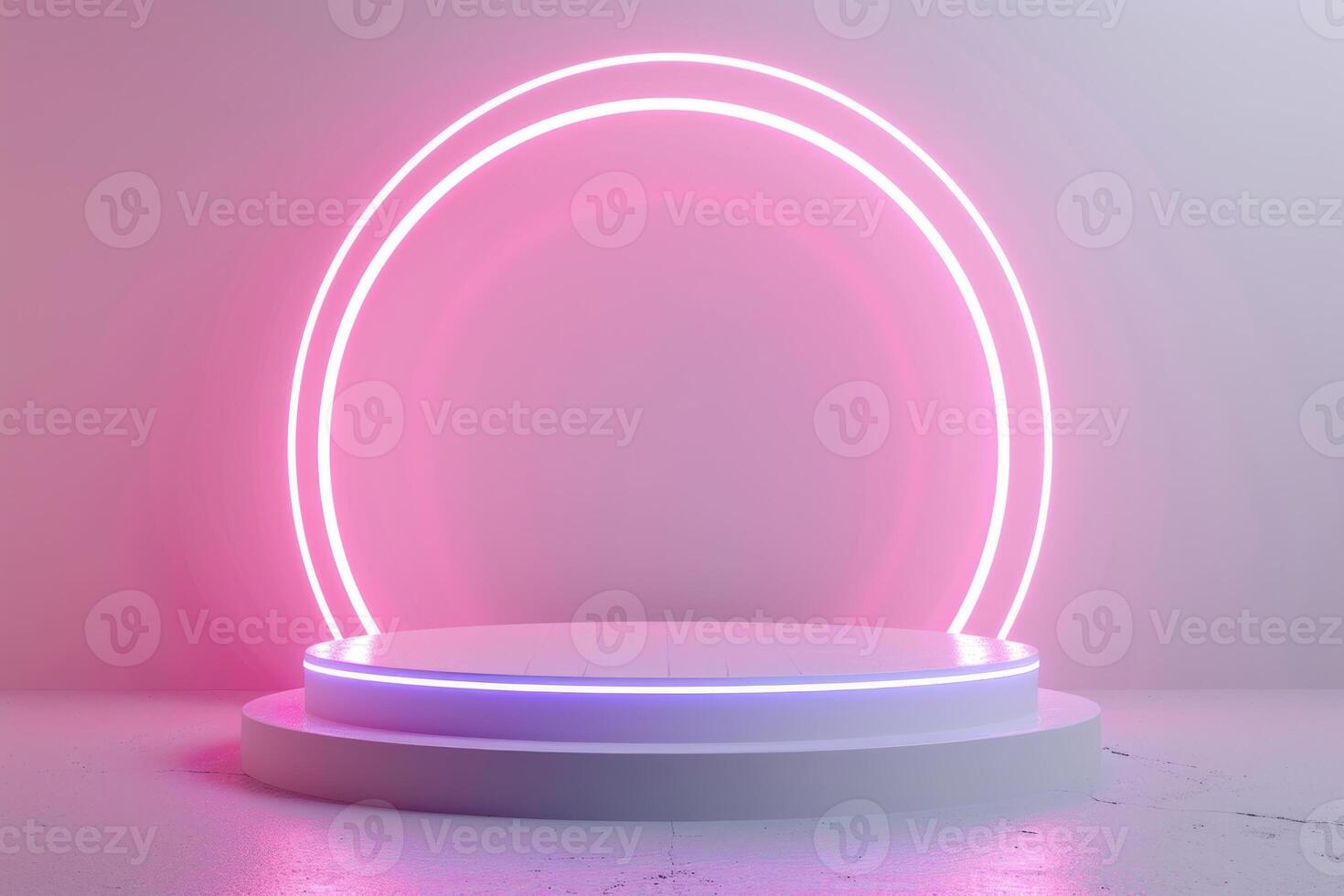 AI generated Colorful neon lights illuminate a white wooden stand model, brand positioning image photo