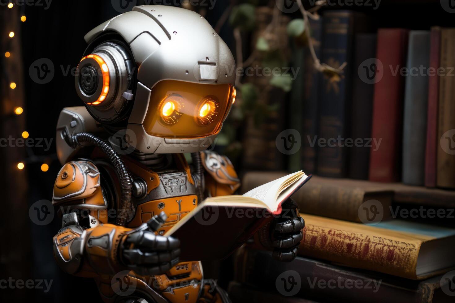 AI generated Robot reading book in dark surroundings without lights, robotic technology photo