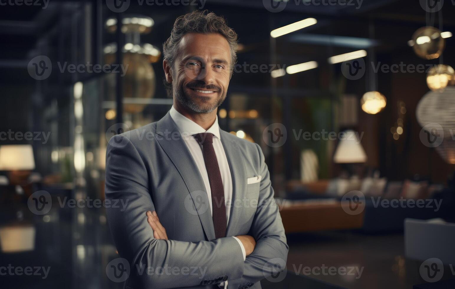 AI generated Smiling businessman in an interior setting, financial responsibility image photo
