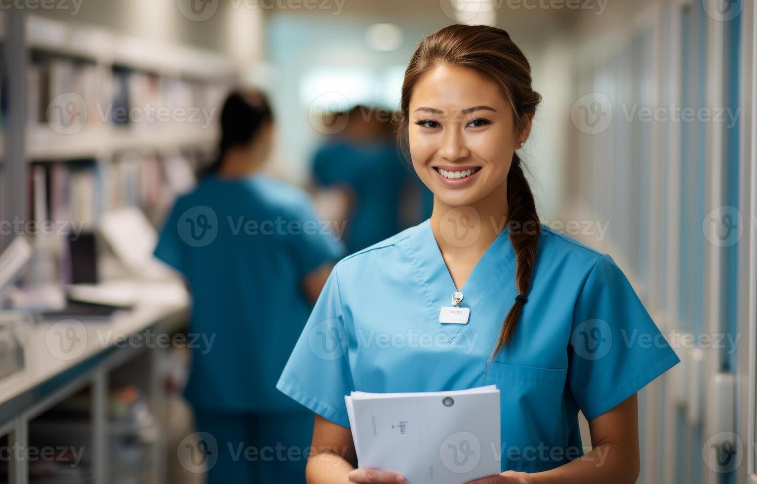 AI generated Nurse in scrubs hands document to doctor in a medical setting, health insurance forms image photo