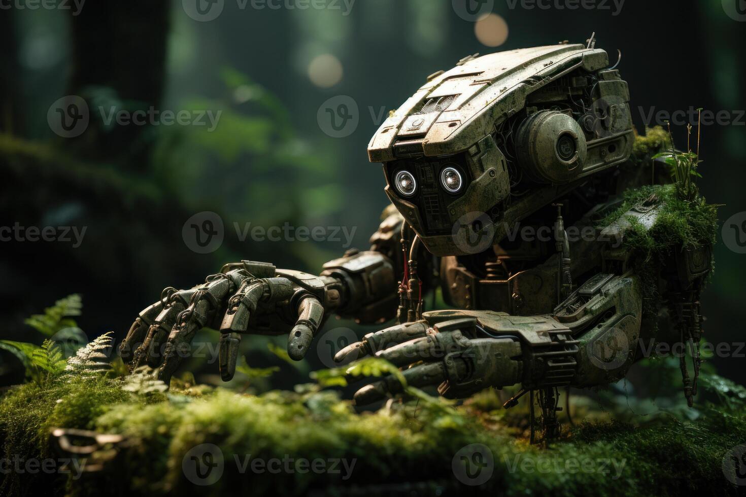 AI generated Robotic hands rest on moss showcasing a futuristic blend of technology and nature, robotic technology photo