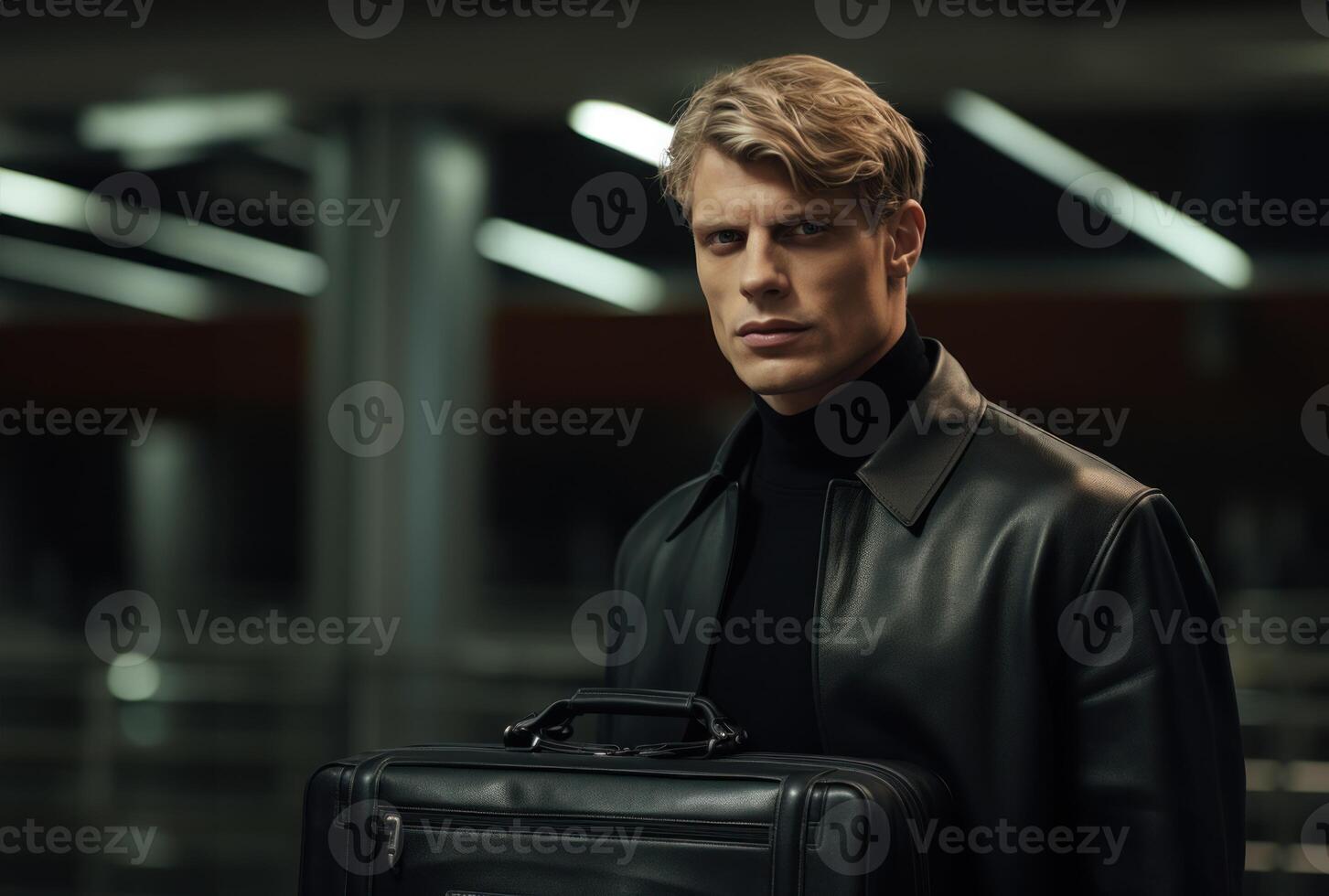 AI generated A person effortlessly holding a black case with one arm, city commute photo