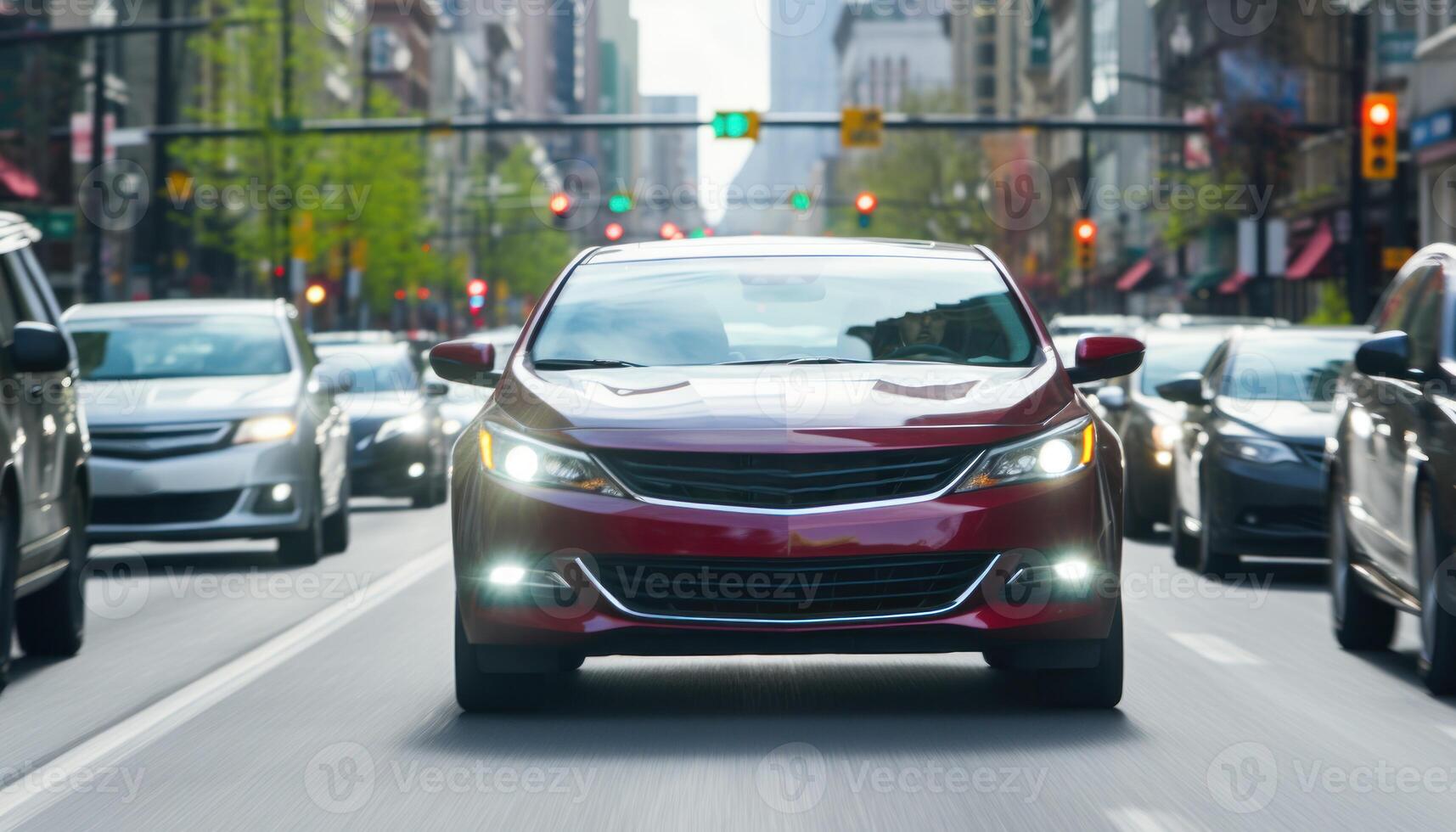 AI generated Close up shot of cars navigating a busy city street, city commute photo