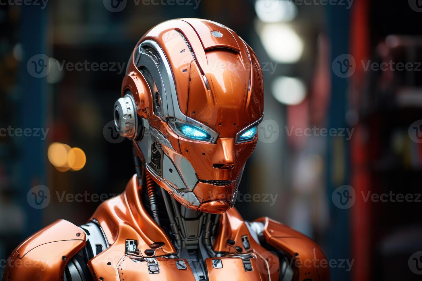 AI generated Robot stands before electronic interface showcasing futuristic technology in this captivating image, robotic technology photo