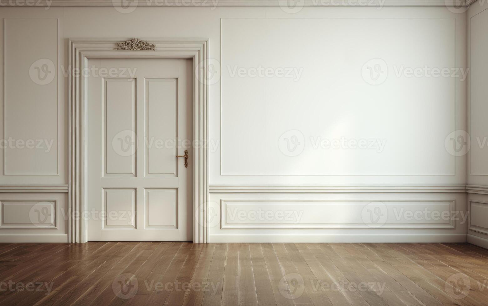 ai generado blanco habitación con de madera pisos y cerrado puerta, ordenado interiores imagen foto