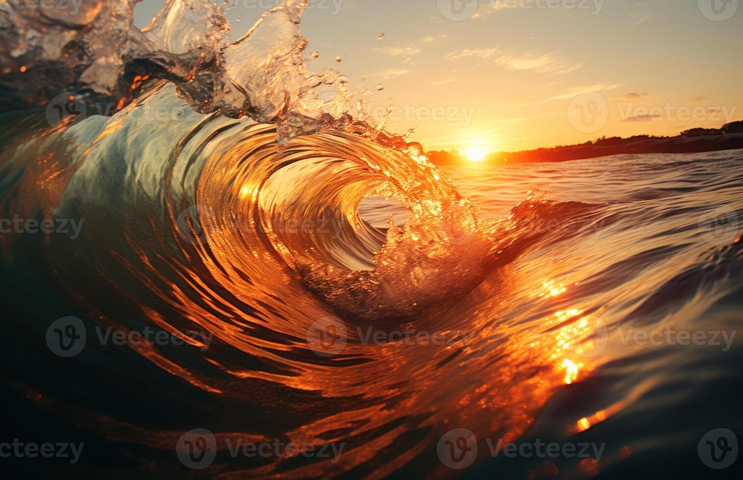 AI generated Vibrant sunset casts mesmerizing reflections on gently rolling water waves, water flow image photo