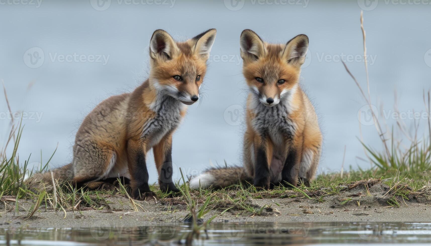 AI generated Two young kit foxes playing on the grassland near the water, baby animals image photo