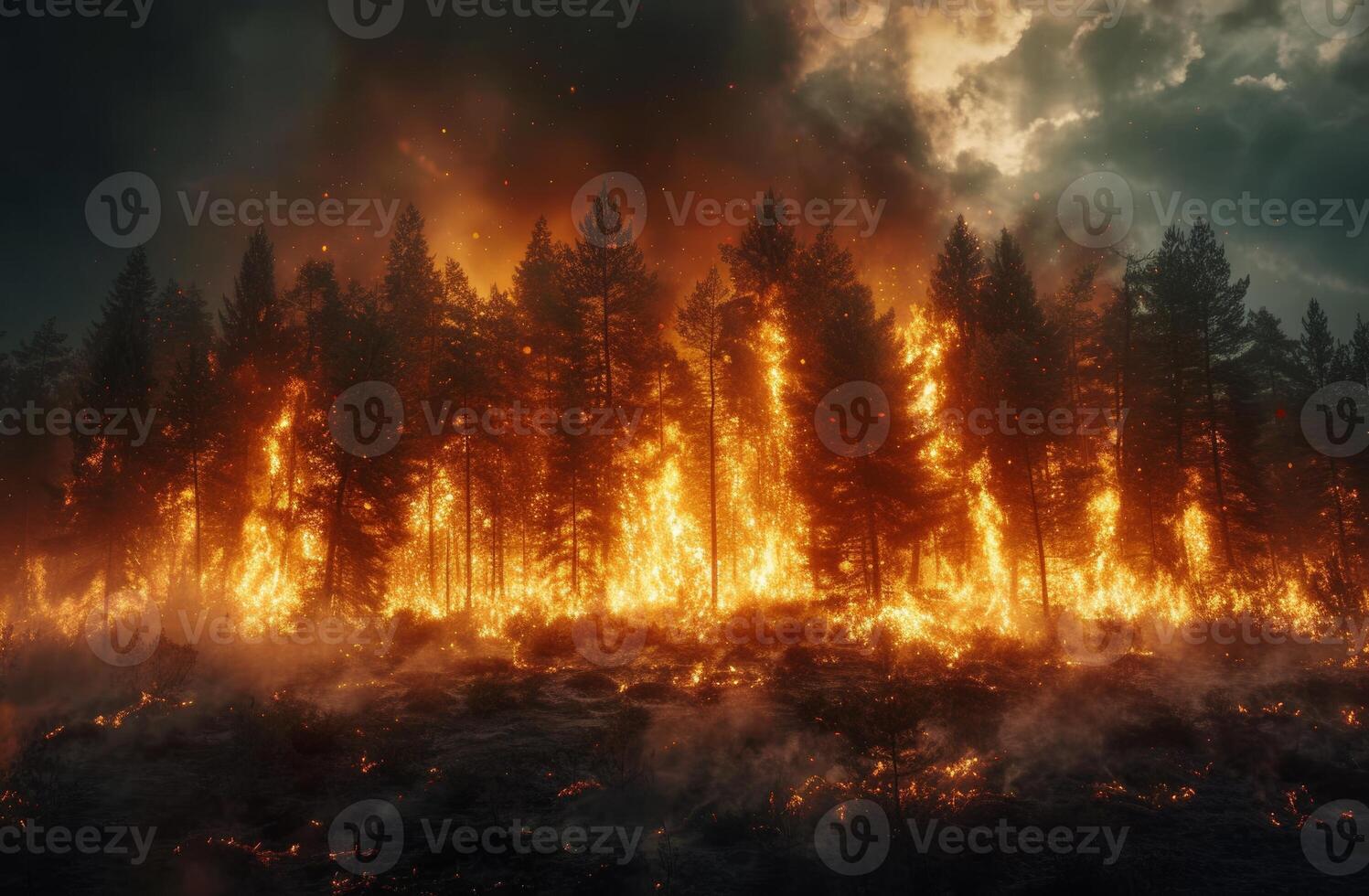 AI generated Forest fire blazing at night with flames illuminating the darkness, biodiversity loss picture photo