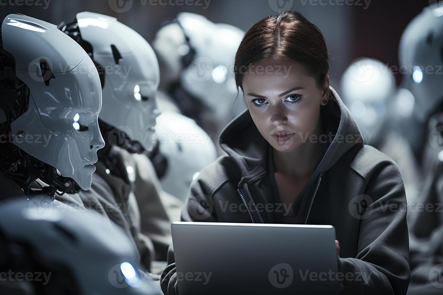 AI generated Woman in robotics works on laptop in front of robots combining human expertise with advanced technology for efficient tasks, robotic technology photo