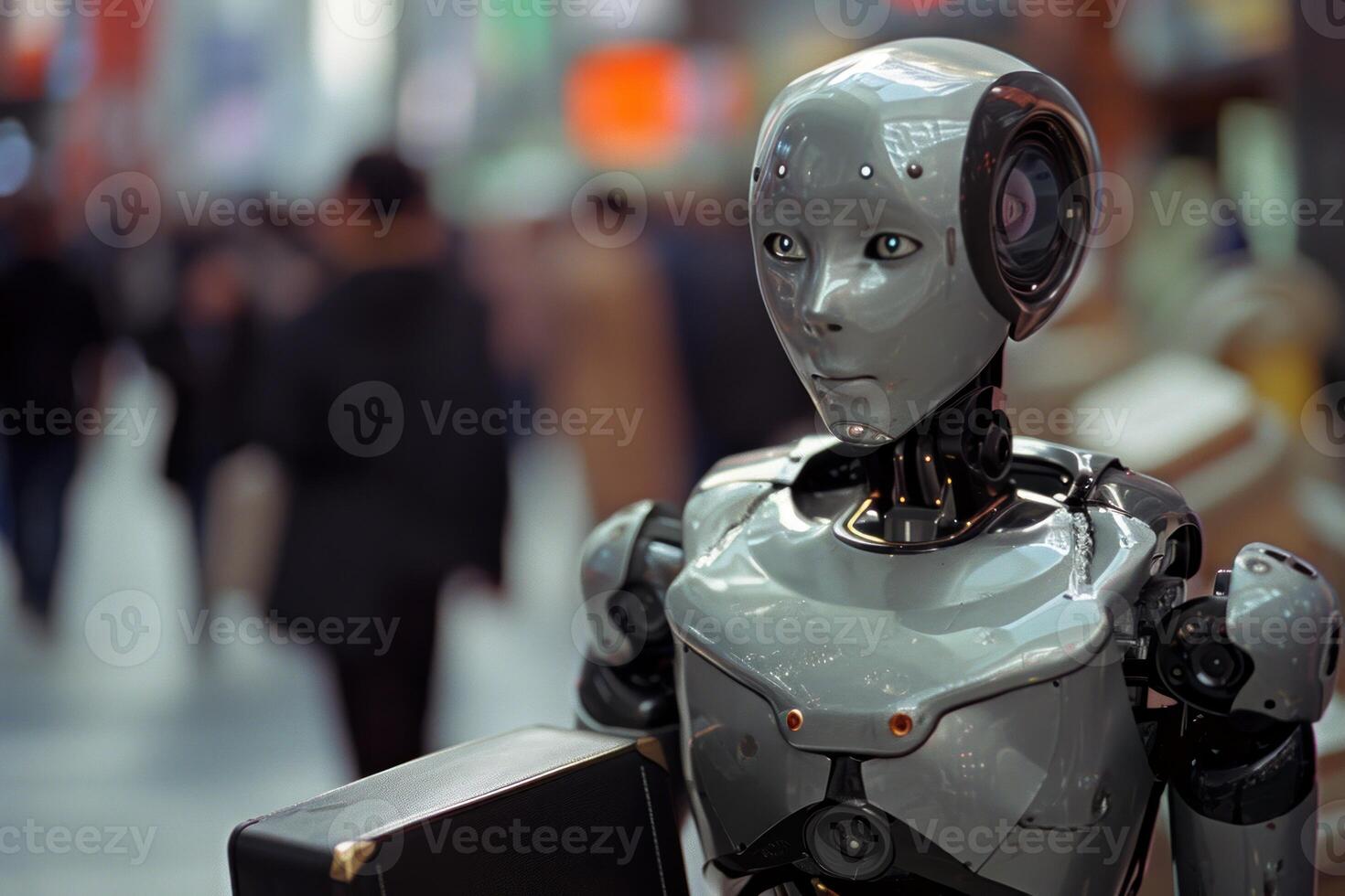 AI generated Robot holding briefcase in a crowd blending into human scene photo