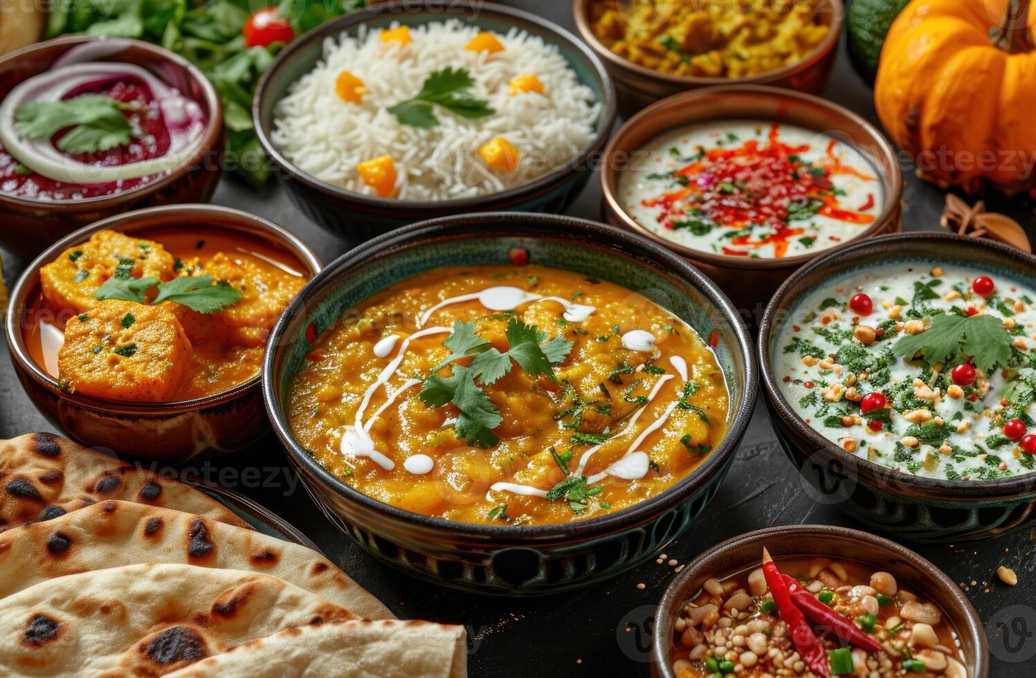 AI generated Various dishes including kheer and roti beautifully presented on small plates, gudi padwa sweets and cuisine image photo