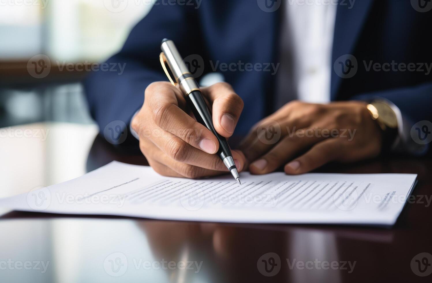 AI generated Hand holding pen writes on document creating a handwritten note or signature on paper, corporate paper reports image photo