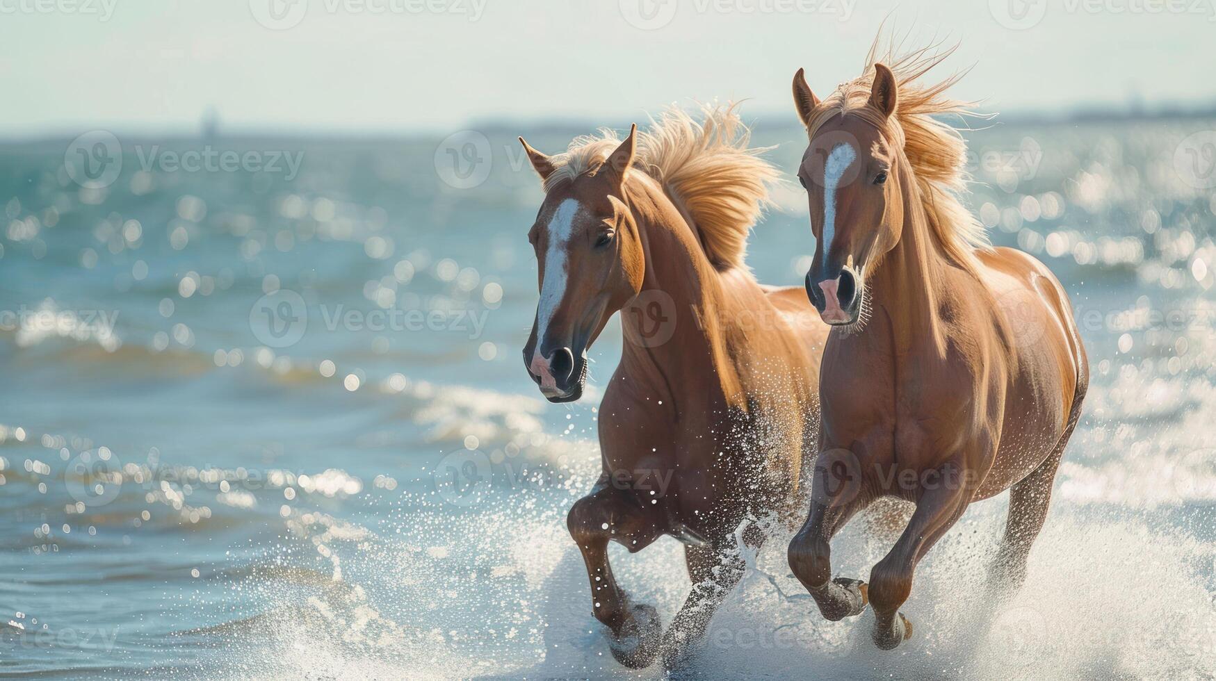 AI generated Majestic horses run alongside the water in a breathtaking display of freedom and grace, horses image photo