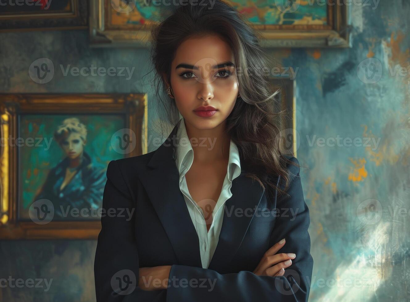AI generated Elegant woman in a suit standing confidently at the offic, responsibility image photo