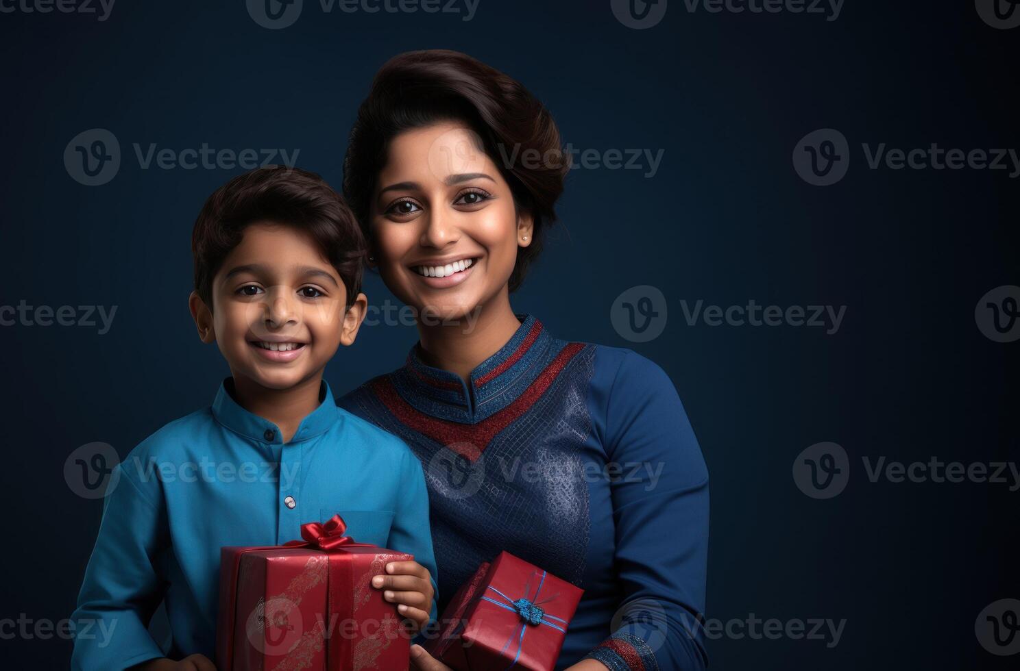 AI generated Mother and son in matching blue saris joyfully holding gift boxes, age acceptance image photo