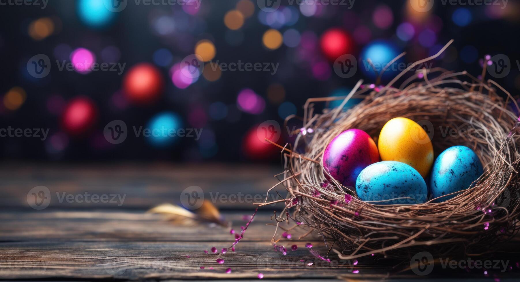 AI generated Vibrant easter eggs nestle in a bird nest on a wooden table, easter traditions image photo