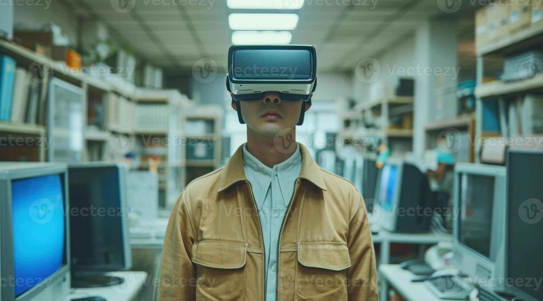 AI generated Man wearing virtual reality glasses in office experiencing immersive technology photo
