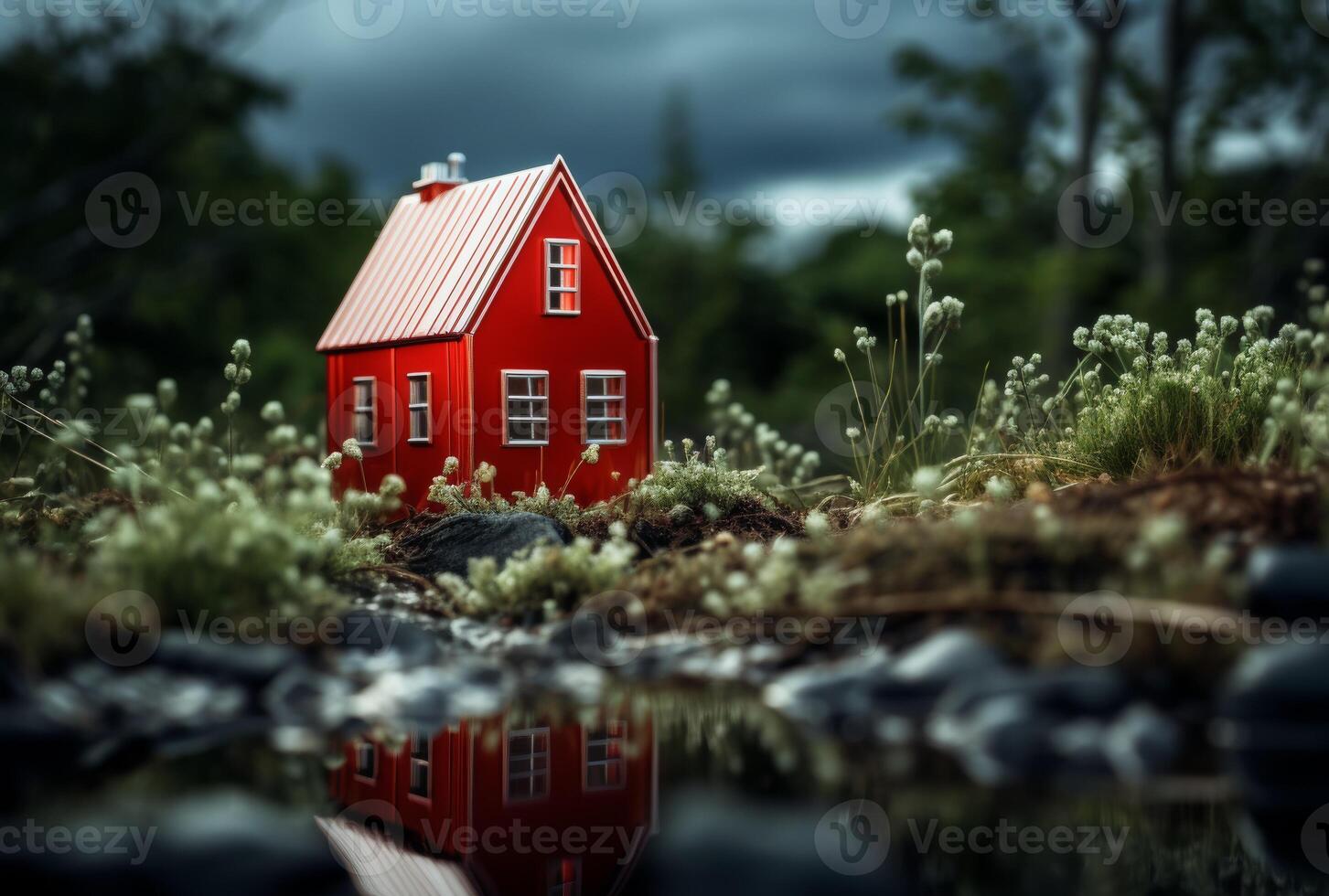 AI generated Tiny red house sits peacefully in the green grass, tiny homes picture photo