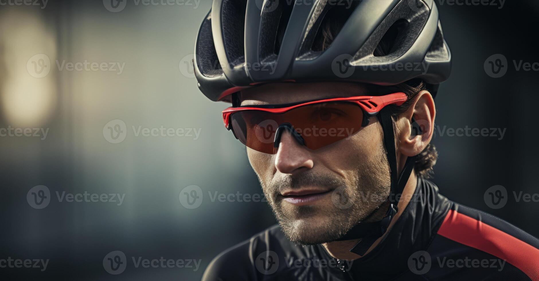 ai generado un masculino ciclista usa un casco mientras montando con confianza en su bicicleta, viajero diario al trabajo estilo de vida foto