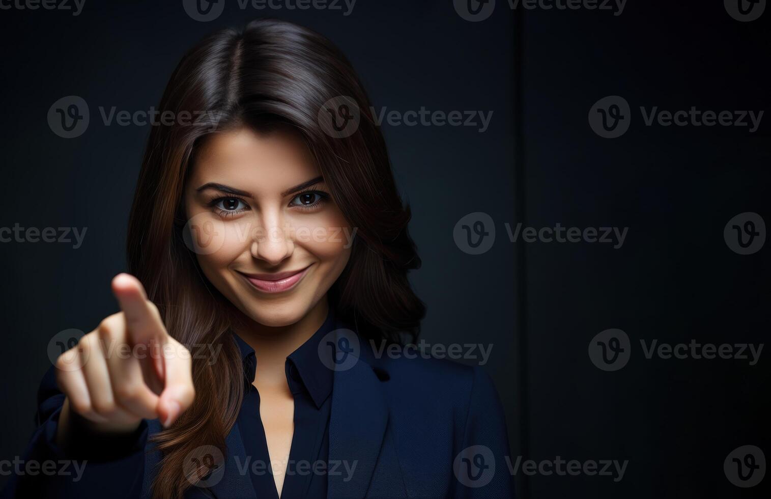 AI generated Woman points confidently to her face showcasing a distinct expression in a simple gesture, openness acceptance picture photo