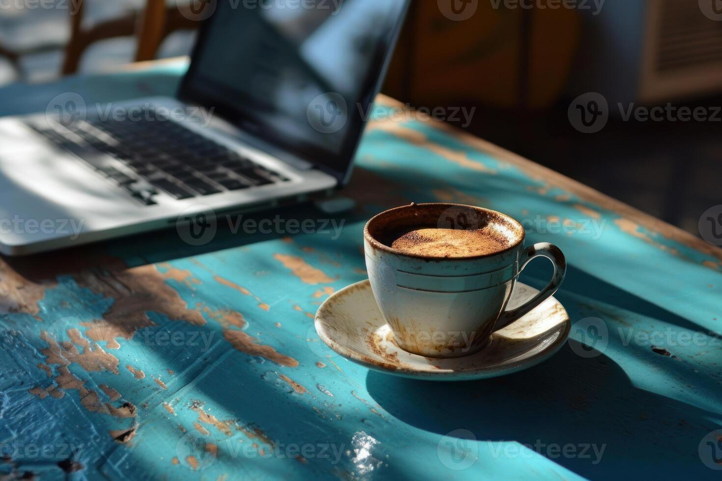 AI generated Coffee cup and laptop on blue table, coffee mug image hd photo