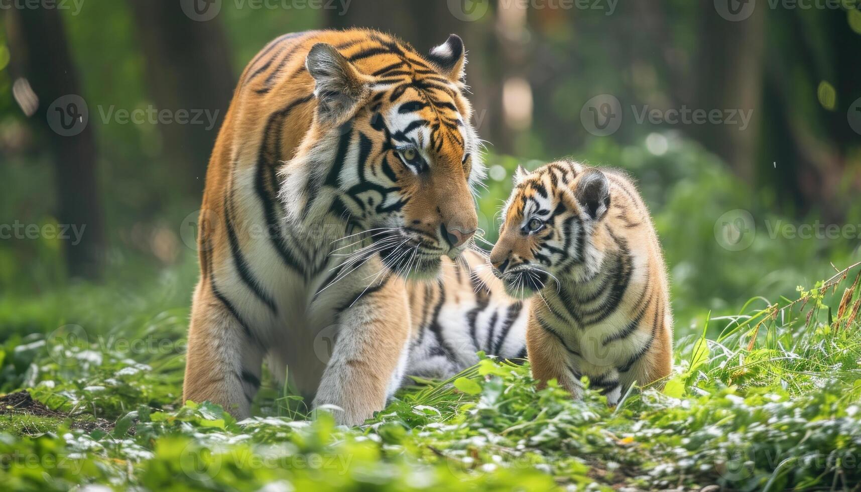 AI generated Russian tiger and cub in green forest grass bonding and exploring the wild together, baby animals picture photo