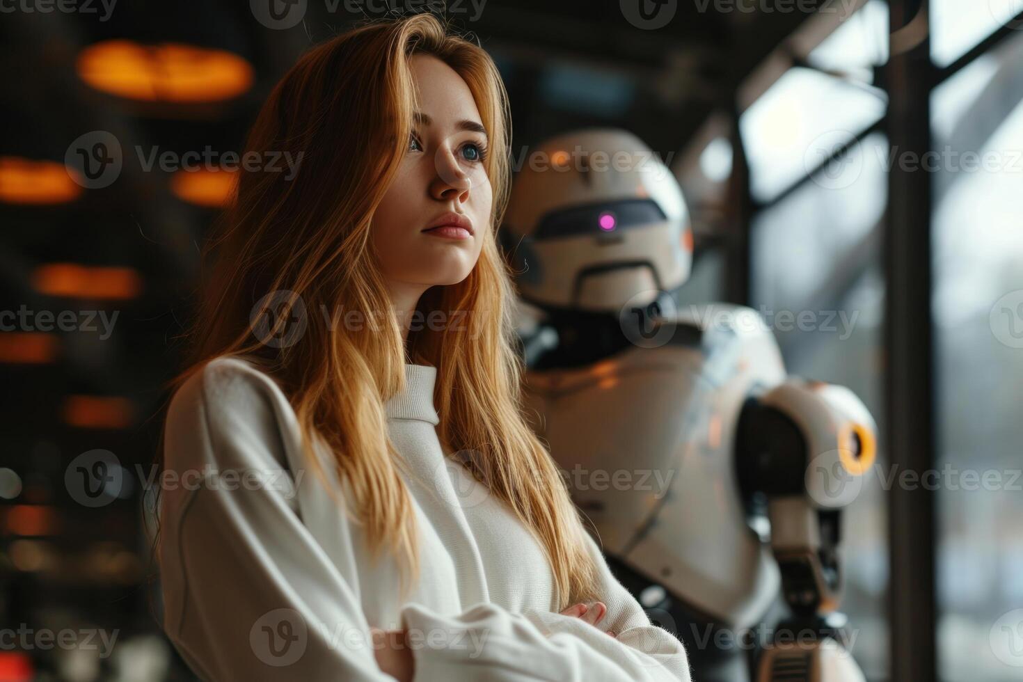 AI generated Confident woman with crossed arms while a robot stands behind her photo