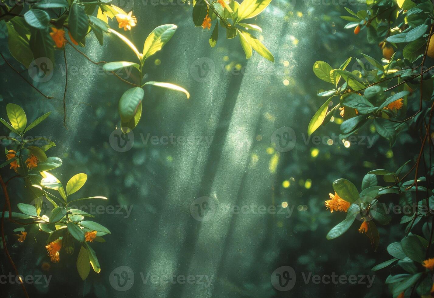 AI generated Sun shines through leafy branches with rays creating a magical forest glow, global temperature rise picture photo