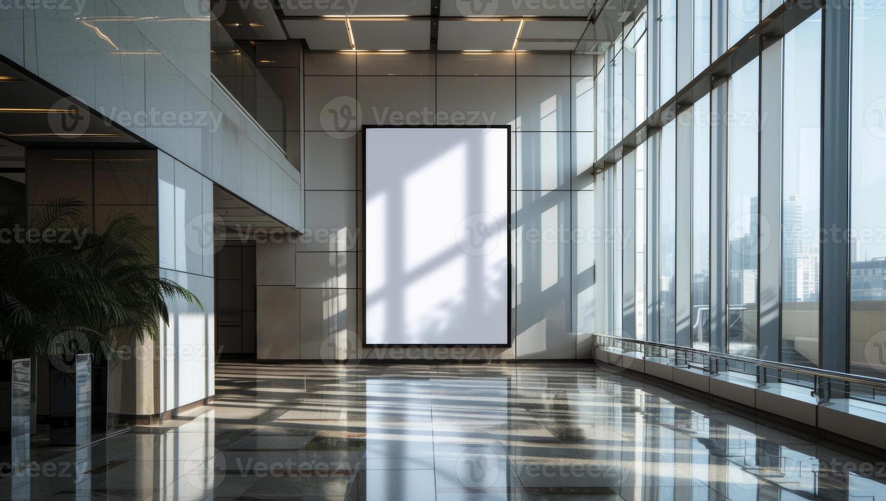 AI generated A tall billboard stands in the office building lobby visible through large glass windows, branding marketing image photo