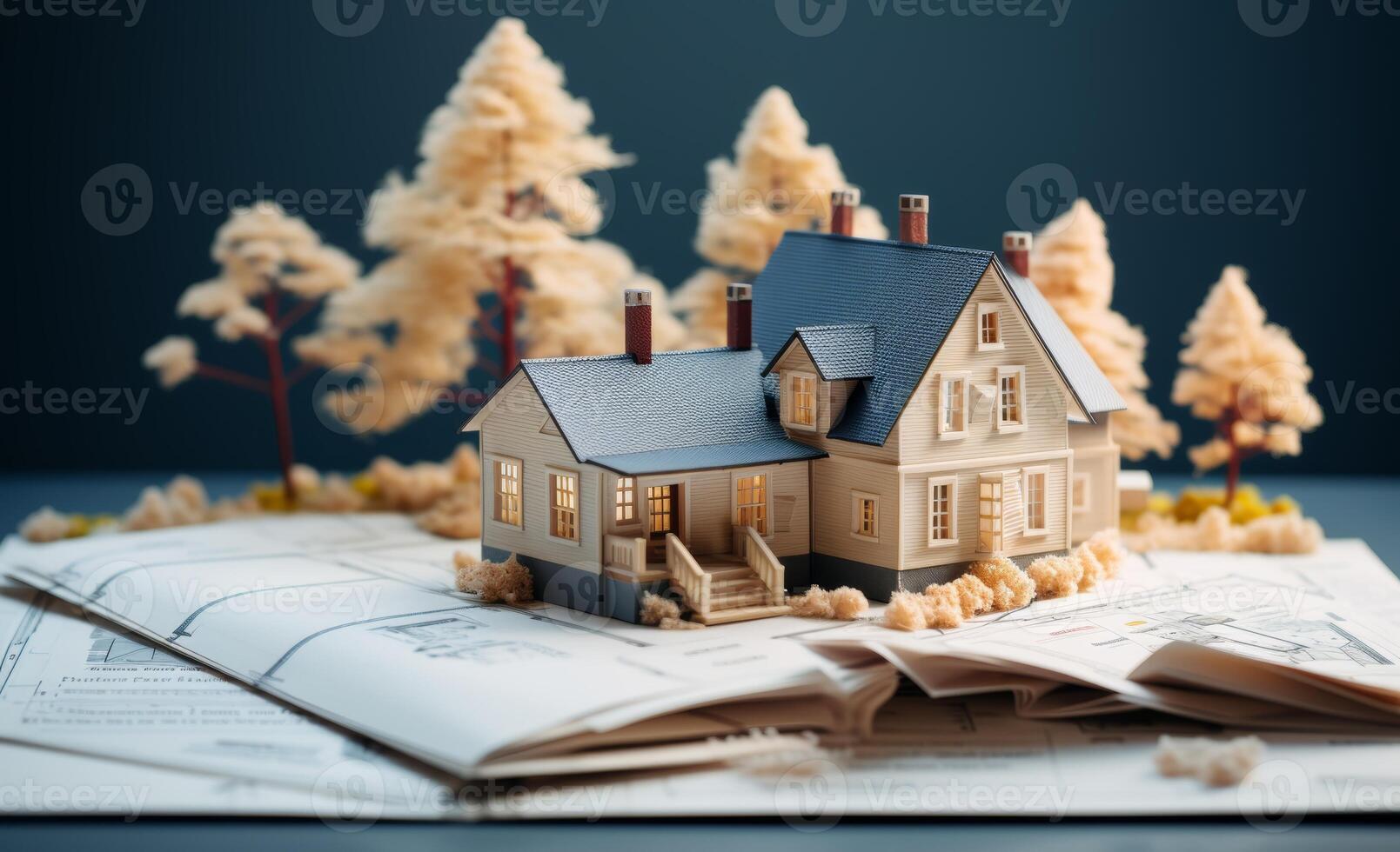 AI generated Model home rests on bank documents symbolizing successful real estate transaction and secure investment, home loan paperwork picture photo