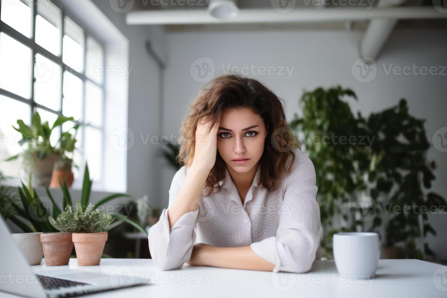 AI generated Stressed female entrepreneur at desk with a headache, financial difficulties photo
