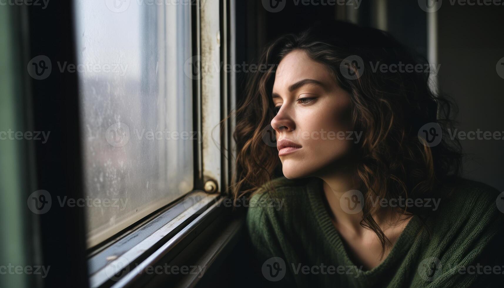 AI generated Woman looking out window at home, urban transportation image photo