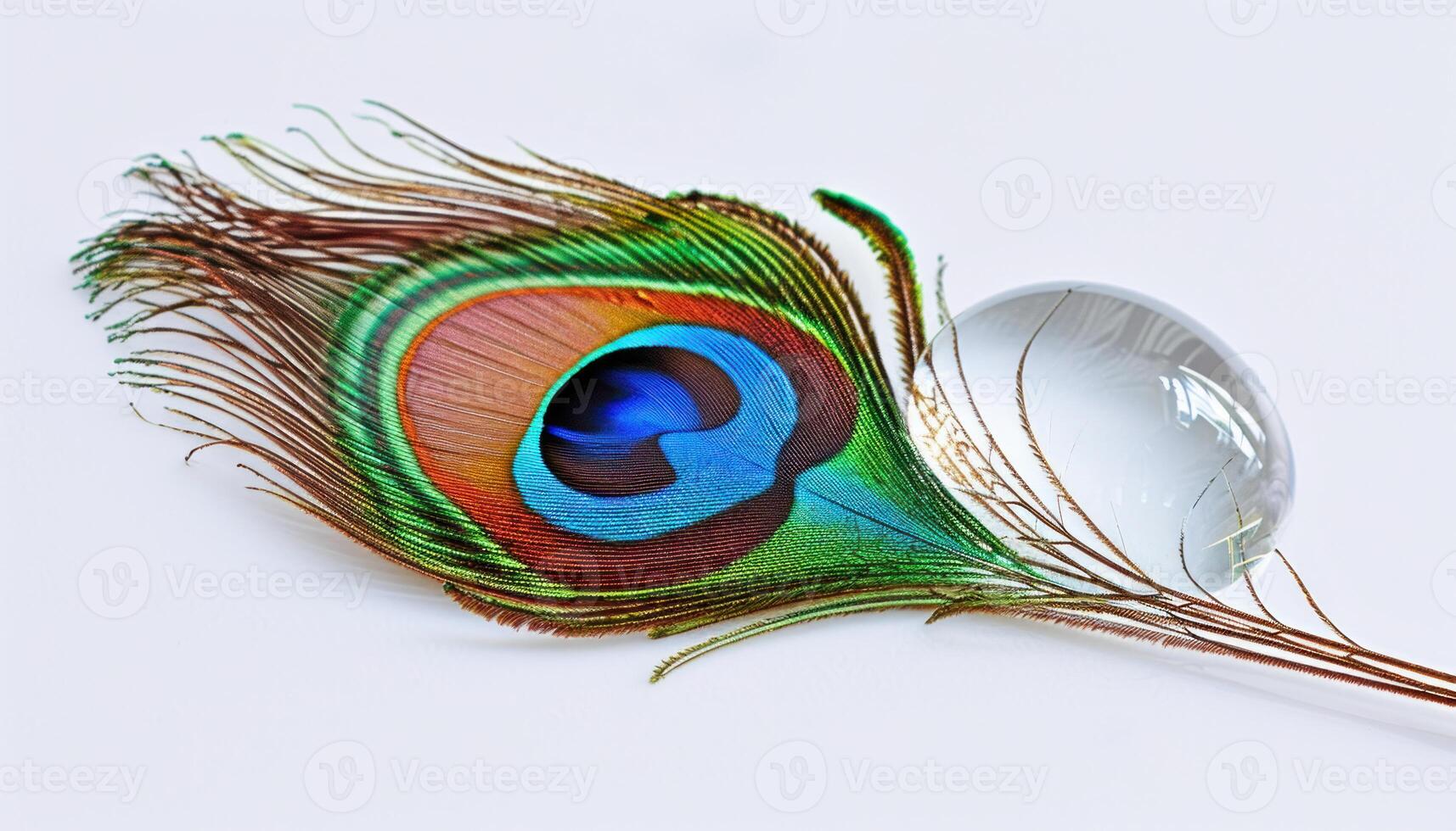 AI generated A glistening water drop adorns a stunning peacock feather, baby animals photo