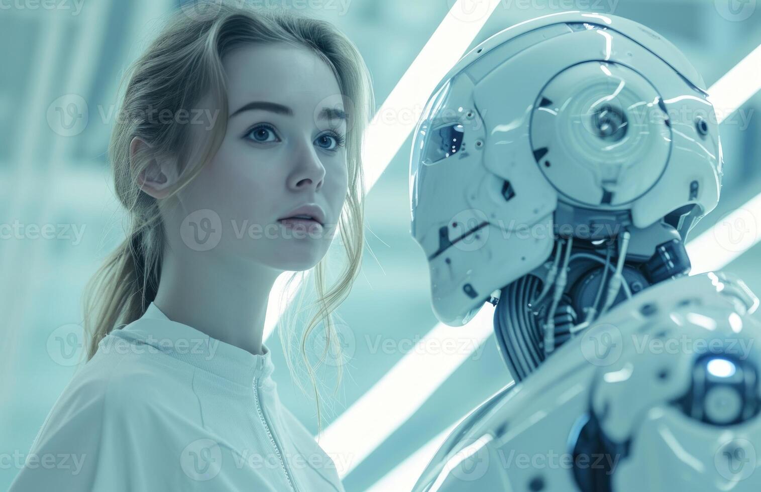 AI generated Woman standing with a robot friend in a delightful encounter photo
