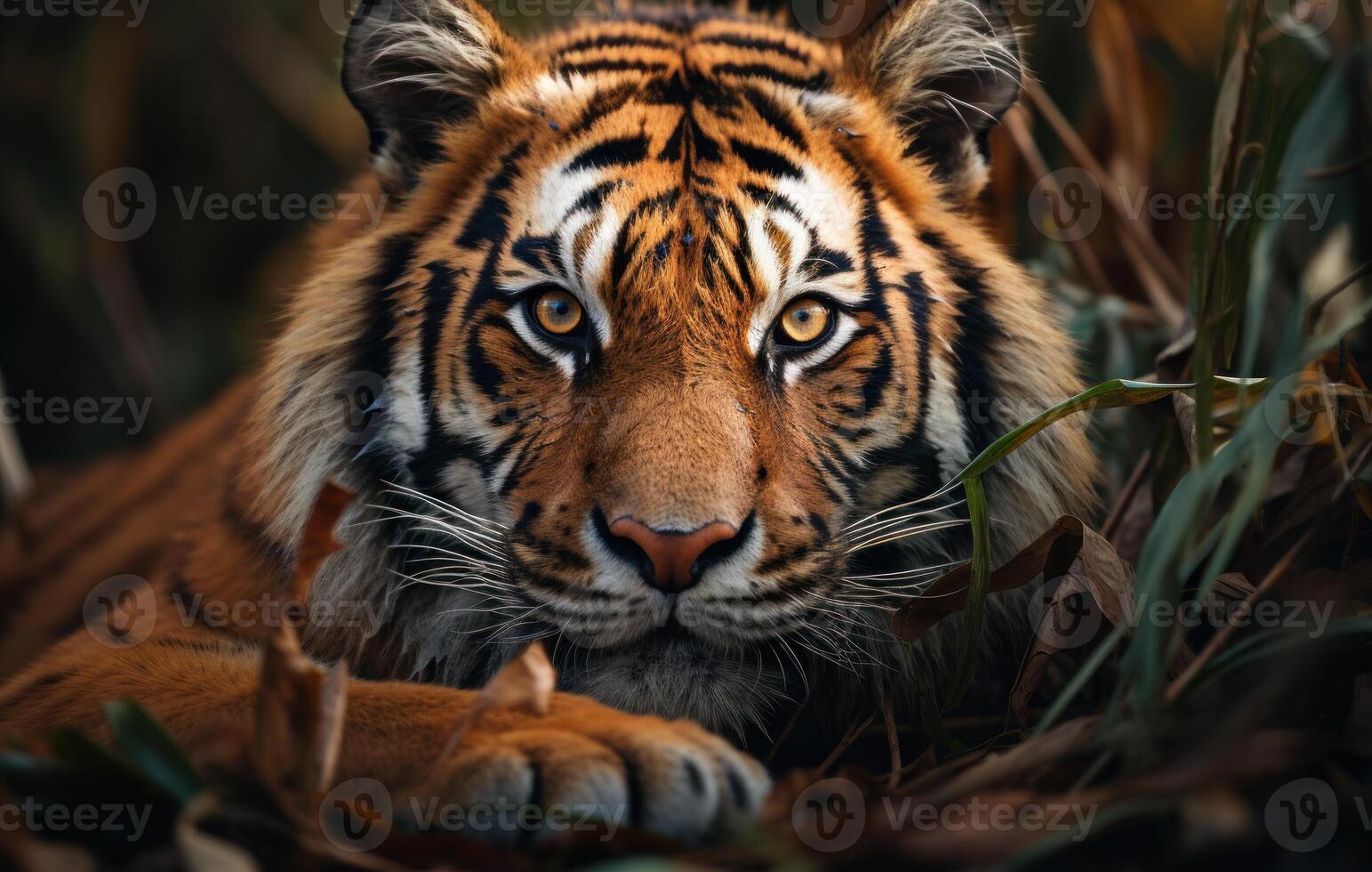AI generated Majestic tiger seated in lush jungle grass, majestic big cats picture photo