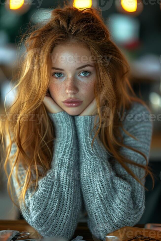 AI generated Young woman in grey sweater sitting at office desk with head hanging down, urban downsizing image photo