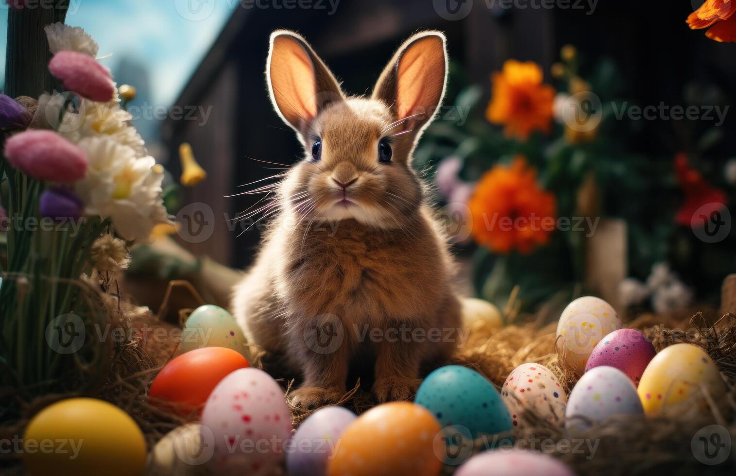 AI generated A cute bunny lounges on green grass with colorful easter eggs in the backdrop, easter bunny concept photo